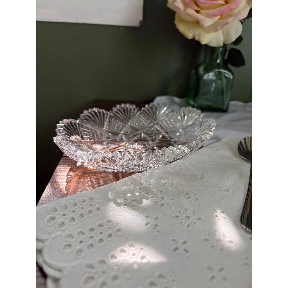 Antique American Brilliant Cut Glass Fan Star Dish, Scalloped Bowl